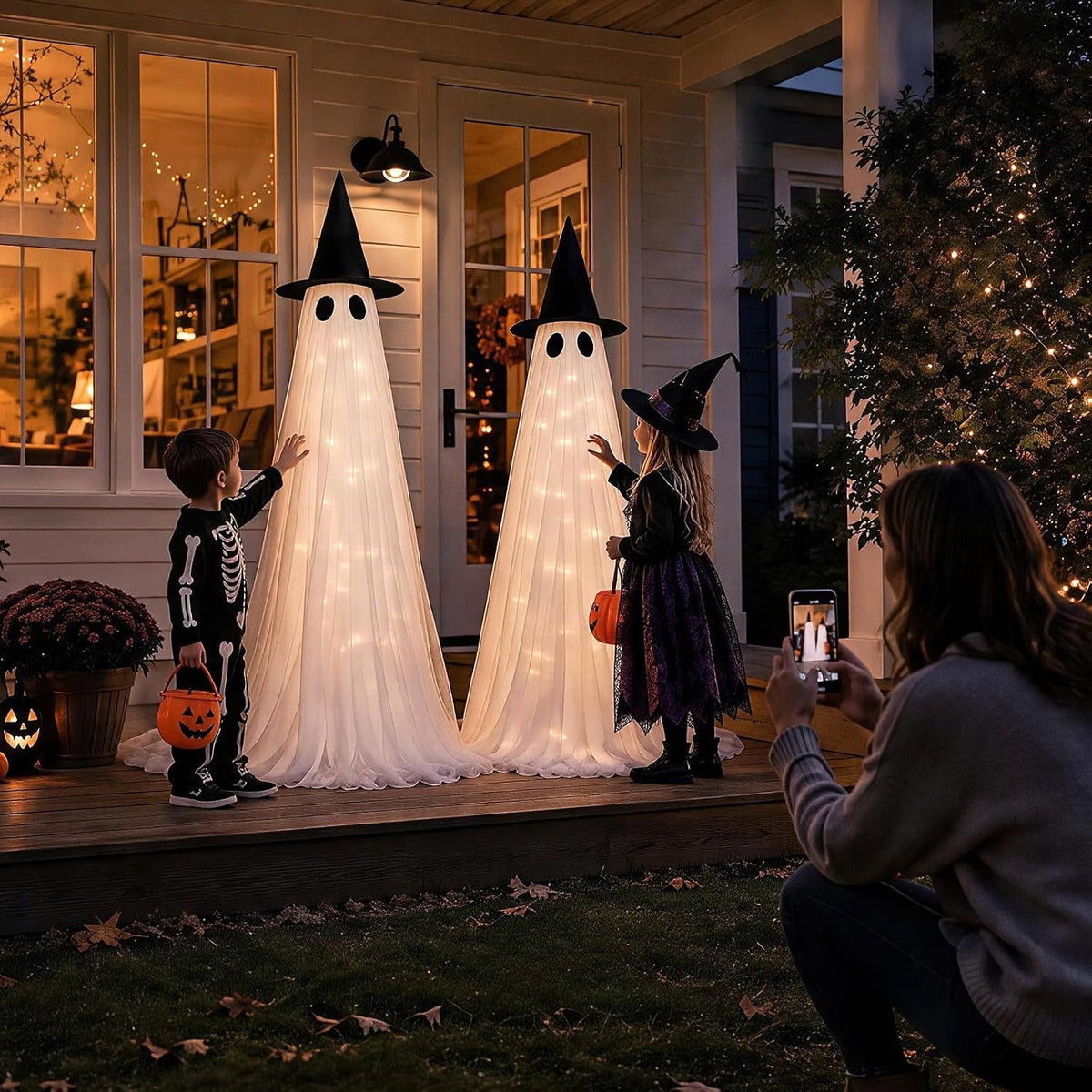 5ft Illuminated Ghost Yard Stakes with Remote – Set of 2 for Outdoor Halloween Displays | Thomler