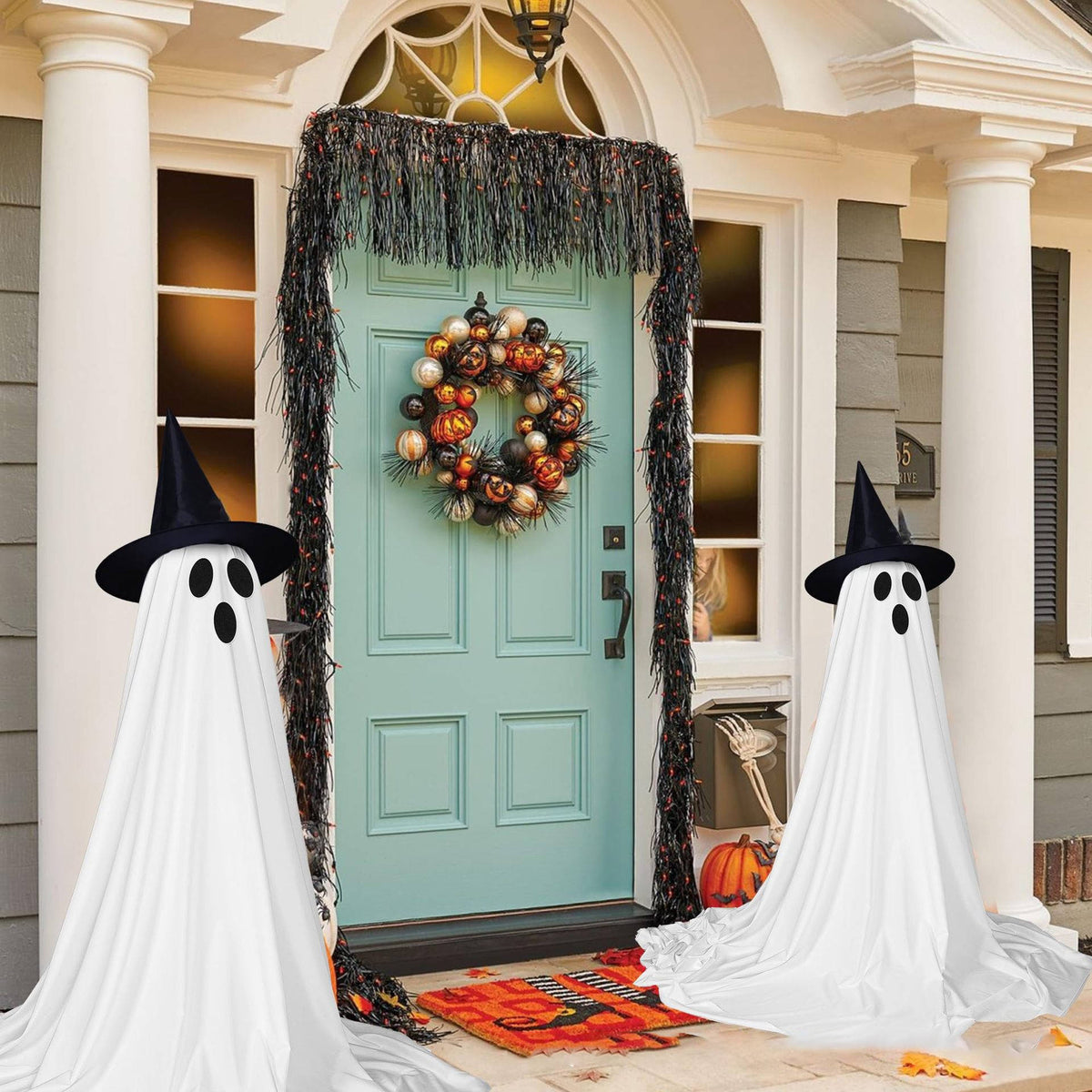 Remote-Control LED Ghost Yard Decorations 5 ft Tall – 2-Pack Lighted Halloween Figures with Timers, Fabric Drape & Stakes for Outdoor | Thomler