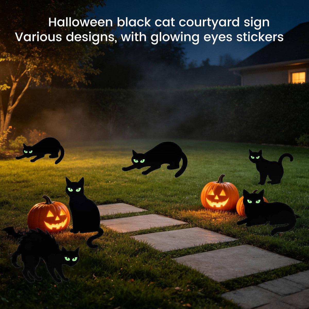 Glow-in-the-Dark Black Cat Silhouette Stakes for Halloween Yard Decorations – 6-Piece Set with Phosphorescent Eyes | Thomler