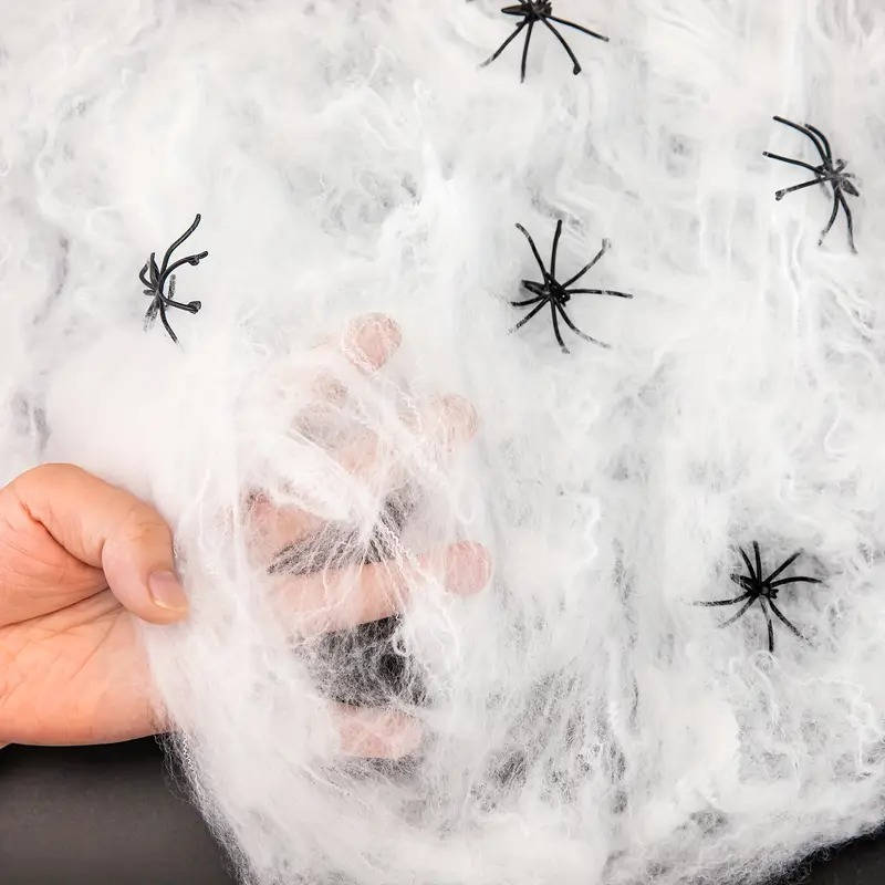 Stretchable Cobweb Set with 9 Plastic Spiders for Indoor & Outdoor Halloween Display – Covers 200 Sq Ft – Reusable Synthetic Web Material | Thomler