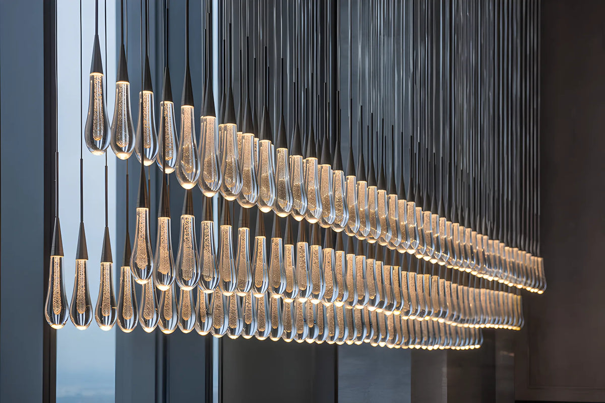 Cascading Raindrop Linear LED Chandelier – Textured Glass Orbs, Adjustable Height, Vaulted Ceiling Ready – 37 to 120 Inch Options for | Thomler