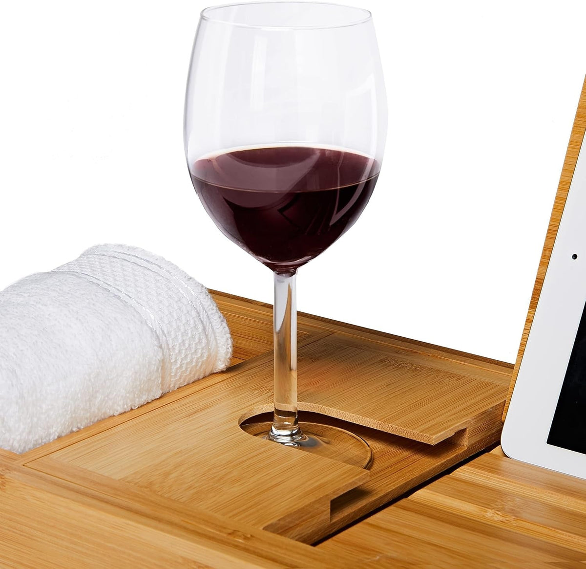 Adjustable Bathtub Tray Organizer with Wine Holder & Book Rest – Natural Water-Resistant Wood Finish | Thomler