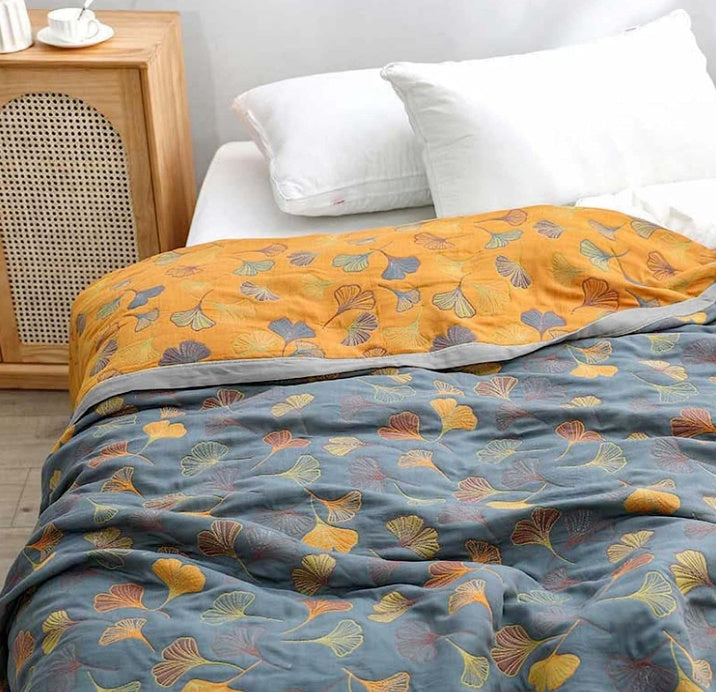Reversible Ginkgo Leaf Throw Blanket Yellow Blue Botanical Print Soft Quilt for Couch Bed Sofa Beach Picnic Home Decor for Living Room | Thomler