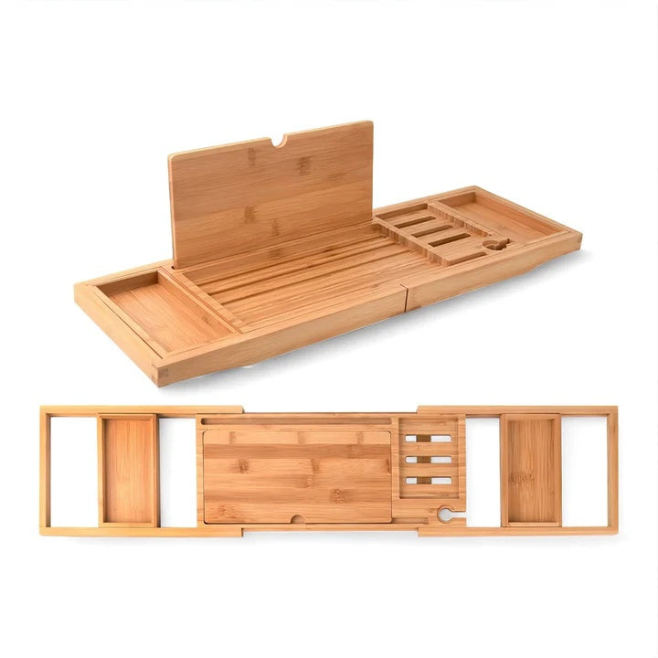 Adjustable Bathtub Tray Organizer with Wine Holder & Book Rest – Natural Water-Resistant Wood Finish | Thomler