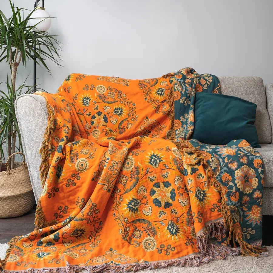 Reversible Cotton Throw Blanket with Floral Pattern Orange & Teal for Couch Sofa Bed Picnic Beach Home Decor | Thomler