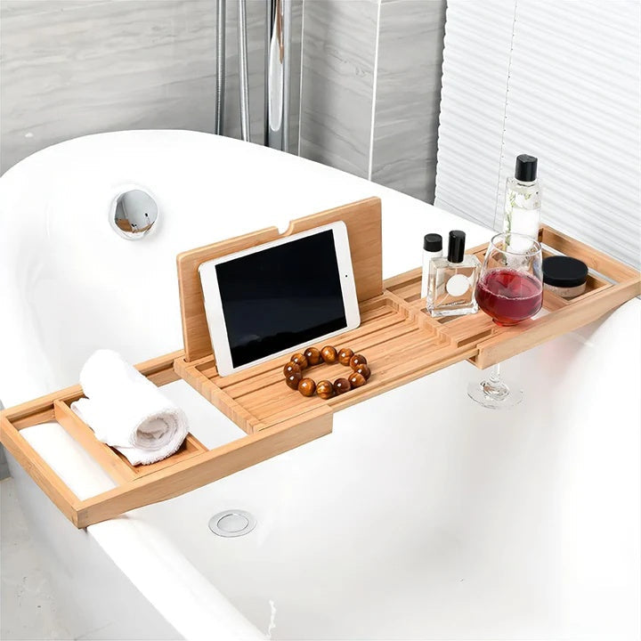 Adjustable Bathtub Tray Organizer with Wine Holder & Book Rest – Natural Water-Resistant Wood Finish | Thomler