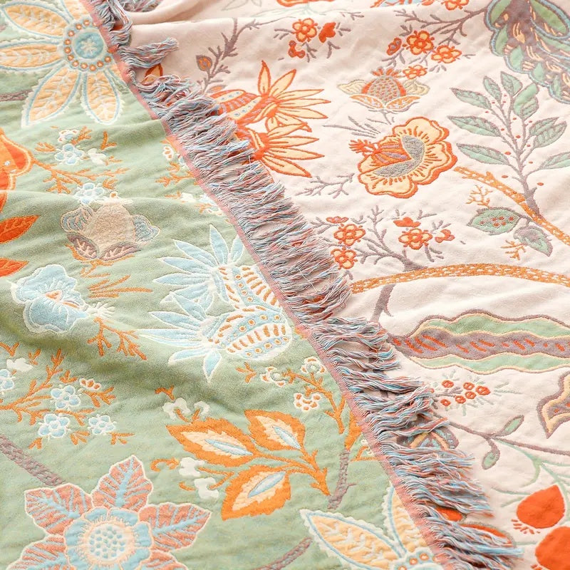 Cotton Throw Blanket with Fringe Tassels Floral Pattern Orange Blue Cream Bohemian Style Couch Sofa Bed Home Decor for Living Room Bedroom | Thomler