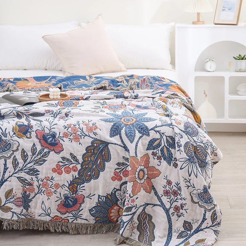 100% Cotton Jacquard Throw Blanket with Tassels – Reversible Floral Decorative Sofa Cover for All Seasons, Lightweight Woven Couch Throw | Thomler