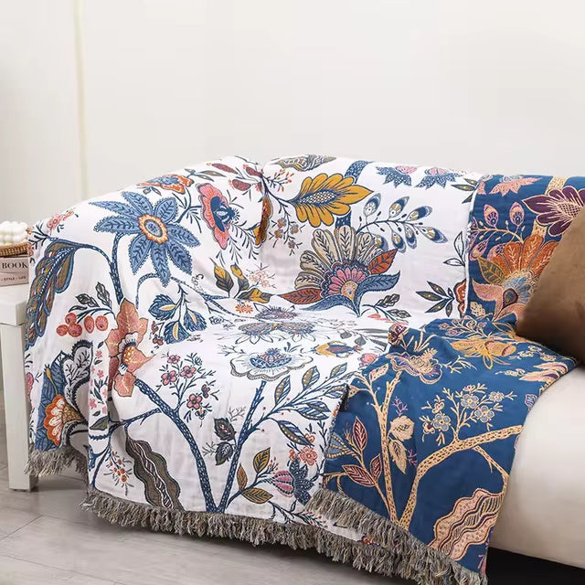 100% Cotton Jacquard Throw Blanket with Tassels – Reversible Floral Decorative Sofa Cover for All Seasons, Lightweight Woven Couch Throw | Thomler