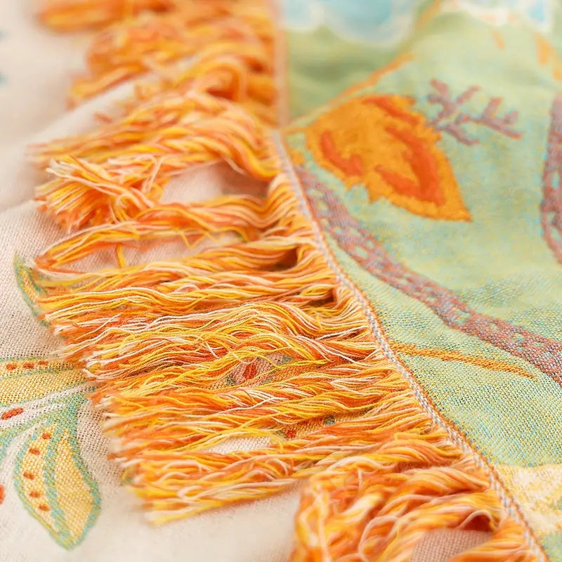 Cotton Throw Blanket with Fringe Tassels Floral Pattern Orange Blue Cream Bohemian Style Couch Sofa Bed Home Decor for Living Room Bedroom | Thomler