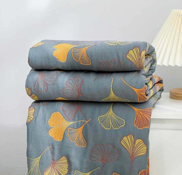 Reversible Ginkgo Leaf Throw Blanket Yellow Blue Botanical Print Soft Quilt for Couch Bed Sofa Beach Picnic Home Decor for Living Room | Thomler