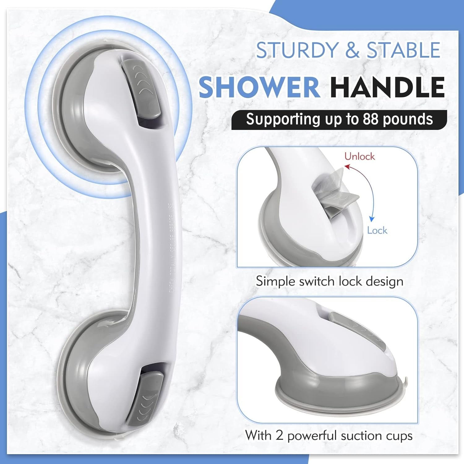 Suction Cup Safety Grab Bar for Bathroom Shower Tub Wall Mounted Handle Rail Elderly Senior Accessibility Support Railing | Thomler