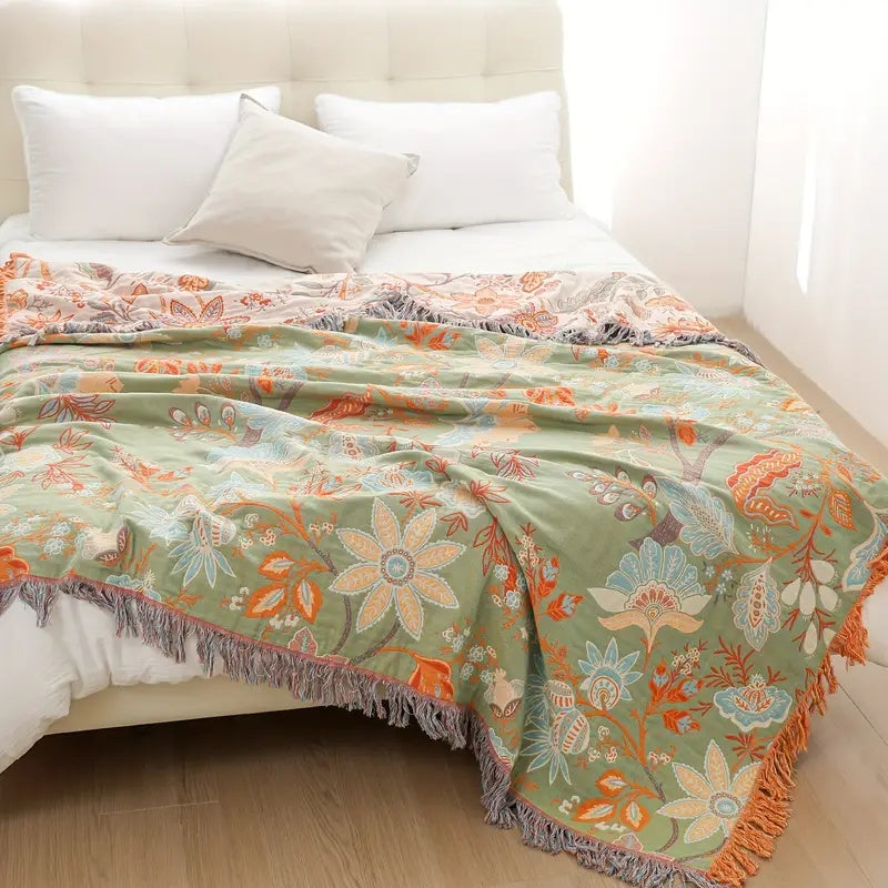 Cotton Throw Blanket with Tassels Floral Pattern Cream Orange Blue for Sofa Couch Bed Living Room Bedroom Bohemian Home Decor Lightweight | Thomler