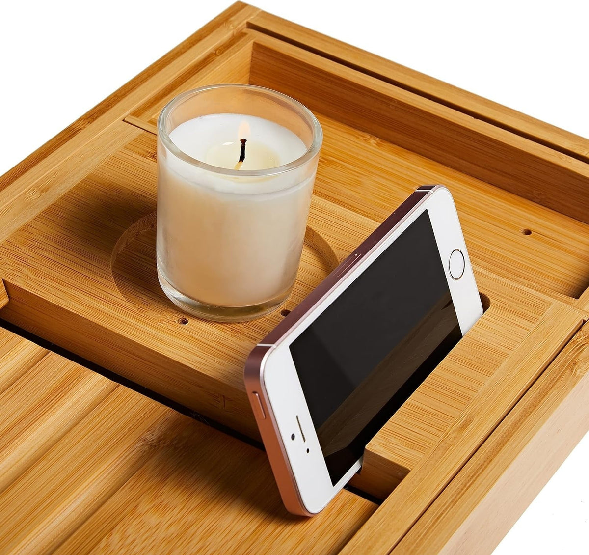 Adjustable Bathtub Tray Organizer with Wine Holder & Book Rest – Natural Water-Resistant Wood Finish | Thomler