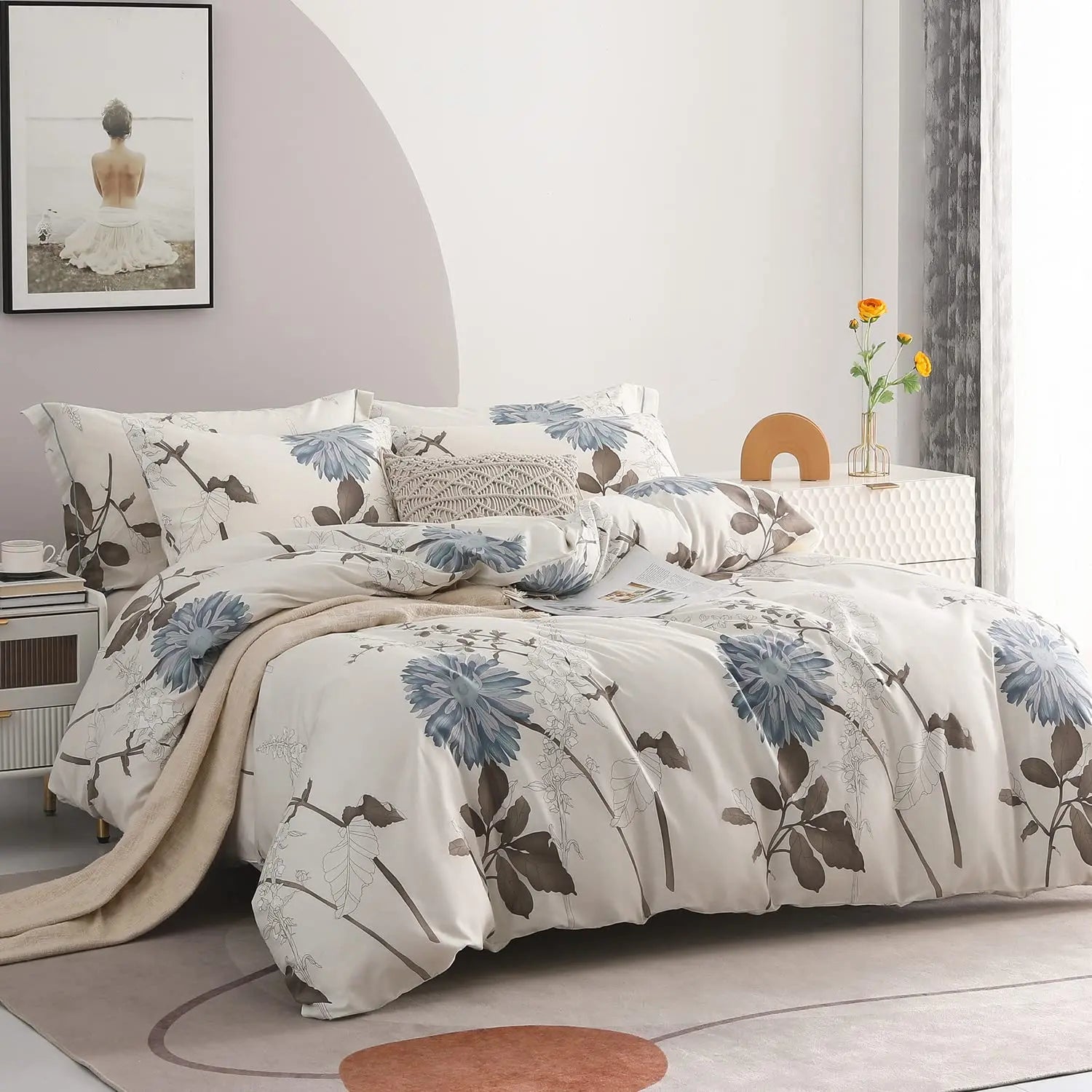 Botanical Cotton Comforter Cover Set with Reversible Floral Print for King Queen Single Beds – 4-Piece Bedding Kit with Pillow Shams | Thomler