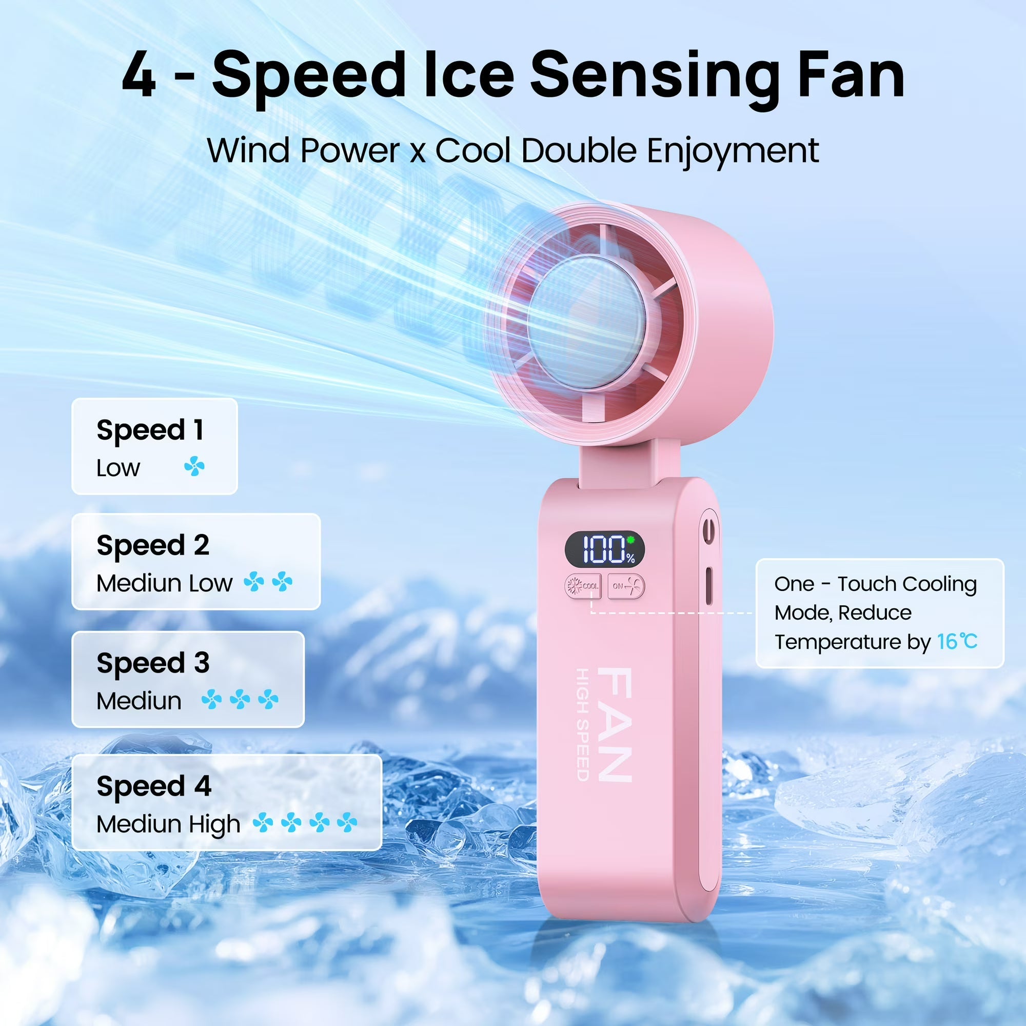 Handheld Rechargeable Mini Fan with Ice Tray Cooling Chamber & 199 Speed Settings for Travel Desk Home | Thomler