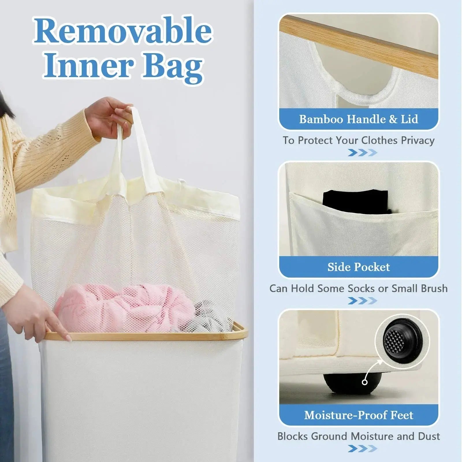 Collapsible Hamper with Cover & Removable Liner 100L Capacity for Bedroom Bathroom White Gray Black Bamboo Handles Upright Design | Thomler