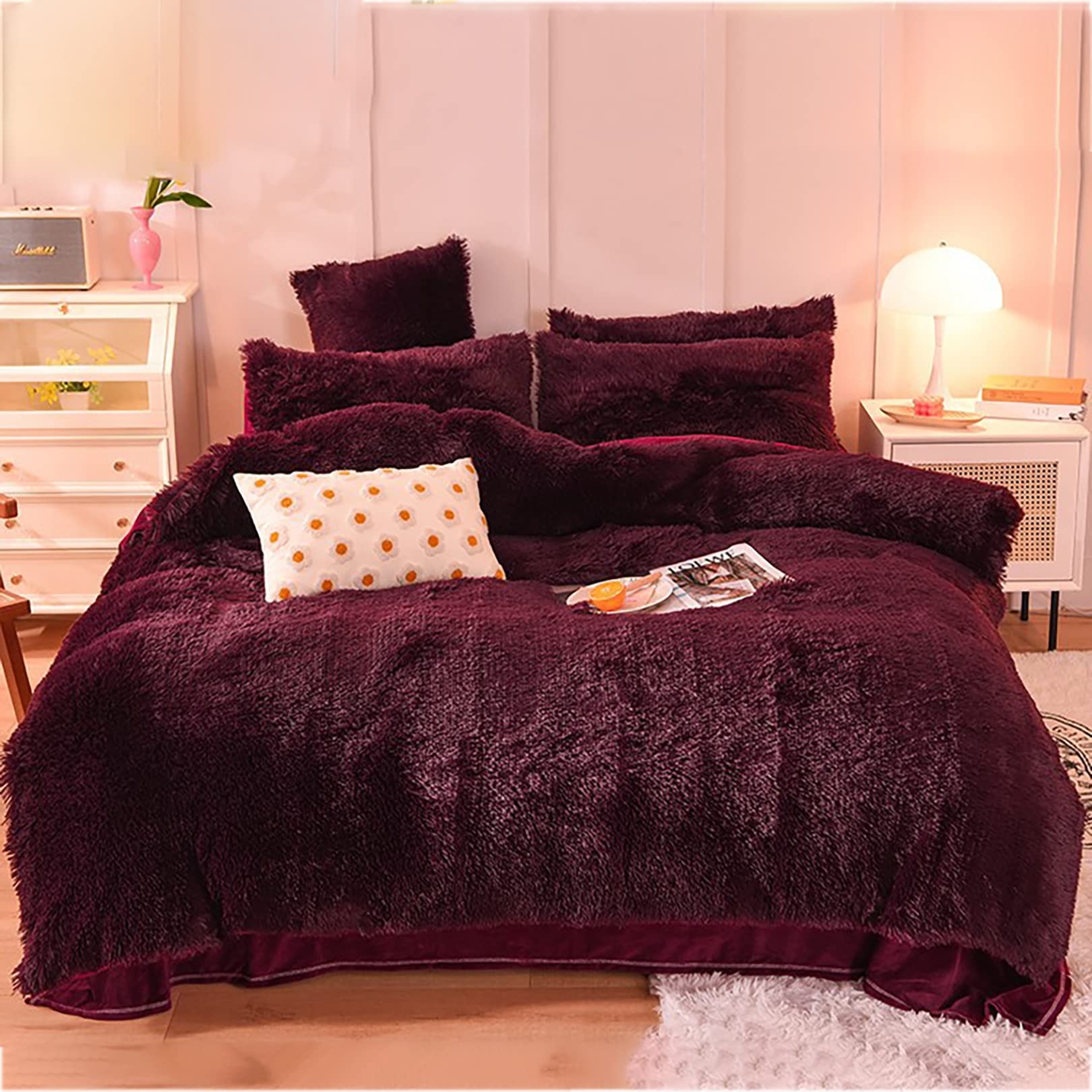 Reversible Faux Fur Duvet Cover Set - Plush Shaggy & Velvet 4-Piece Bedding - Full Queen King | Thomler