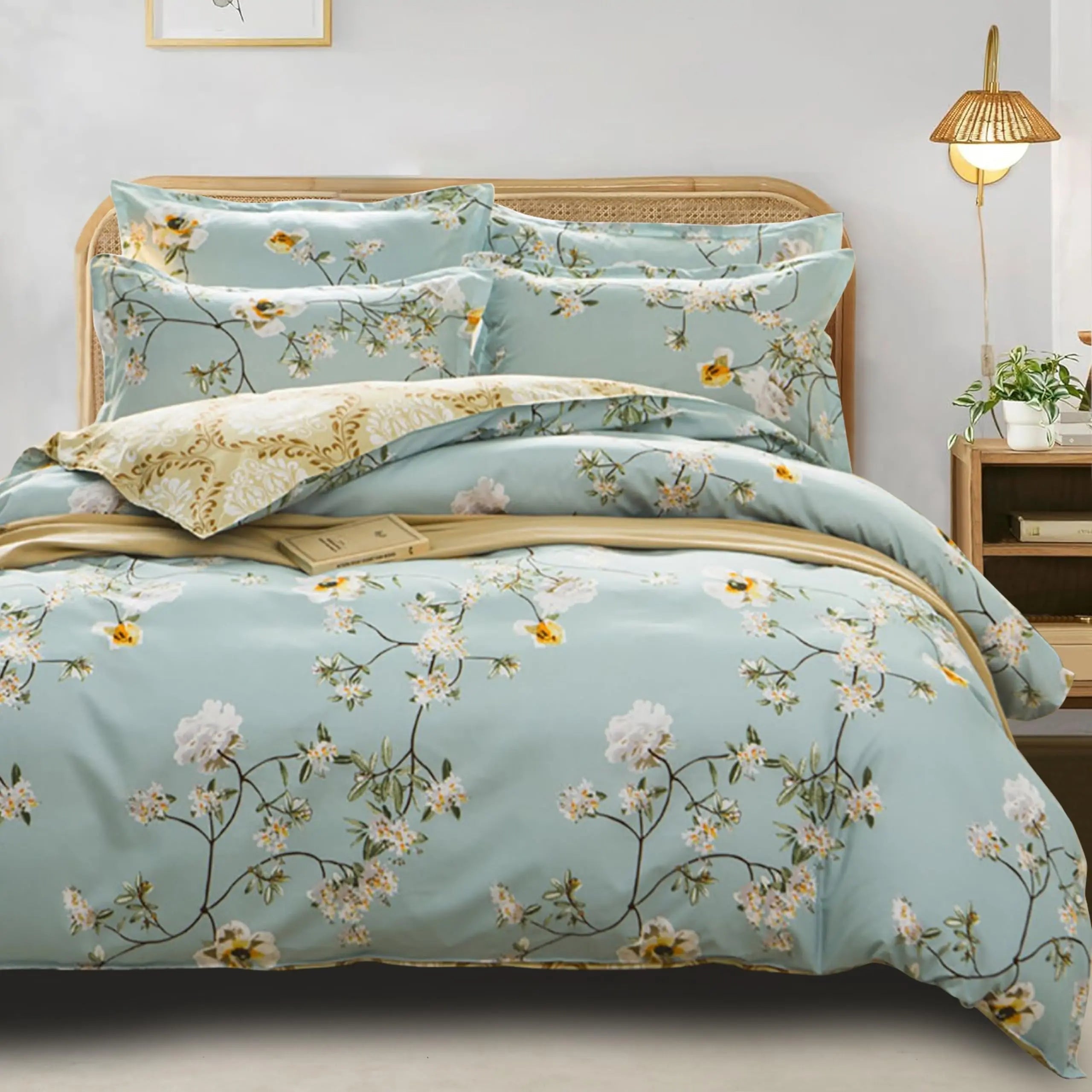 Botanical Cotton Comforter Cover Set with Reversible Floral Print for King Queen Single Beds – 4-Piece Bedding Kit with Pillow Shams | Thomler