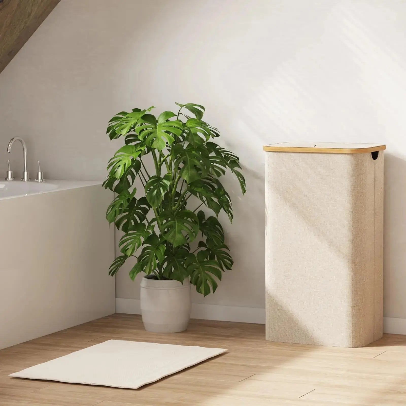 Collapsible Hamper with Cover & Removable Liner 100L Capacity for Bedroom Bathroom White Gray Black Bamboo Handles Upright Design | Thomler