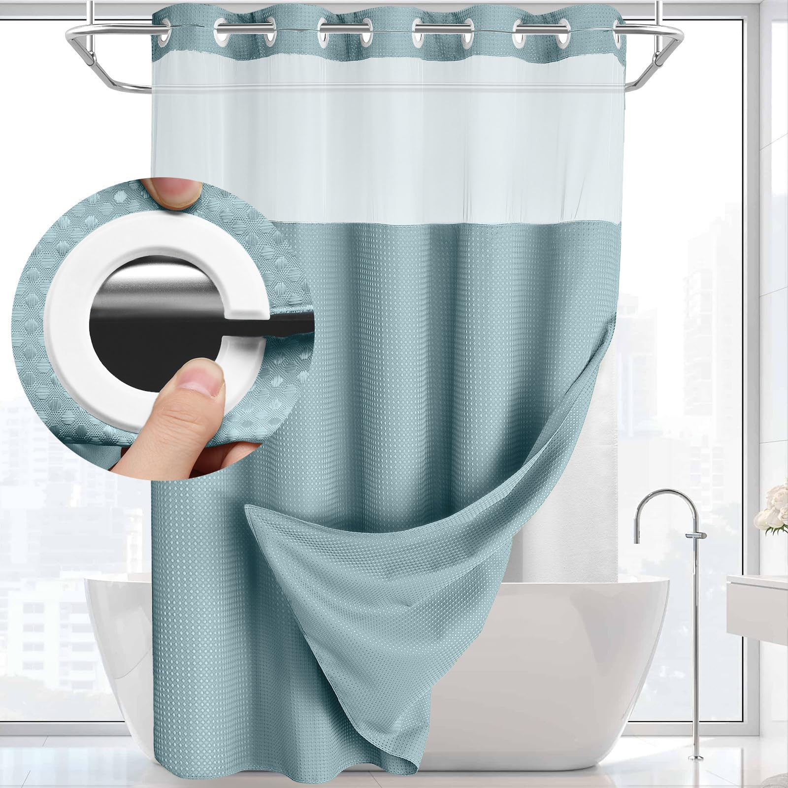 Hookless Shower Curtain with Built-In Snap Liner Waffle Weave Polyester Bathroom Curtain Easy Install No Rings Needed Quick Change Design | Thomler