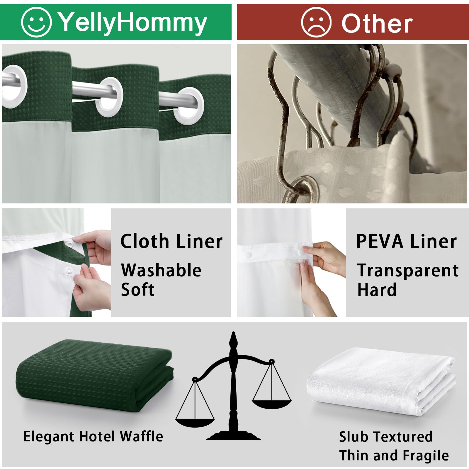 Hookless Shower Curtain with Built-In Snap Liner Waffle Weave Polyester Bathroom Curtain Easy Install No Rings Needed Quick Change Design | Thomler