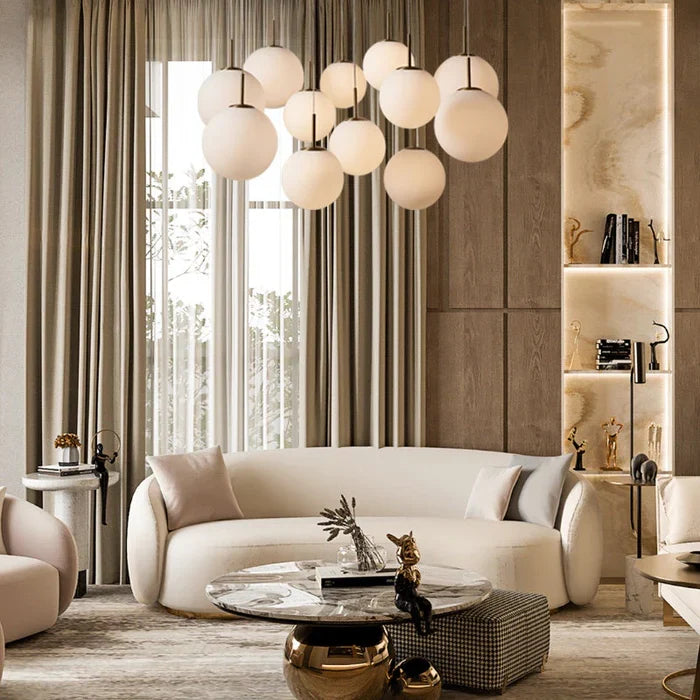 Modern Hanging Linear Chandelier with Hand-Blown Glass Globes & LED Lights for Dining Room & Kitchen Island | Thomler