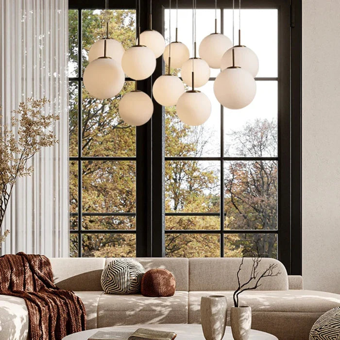 Modern Hanging Linear Chandelier with Hand-Blown Glass Globes & LED Lights for Dining Room & Kitchen Island | Thomler
