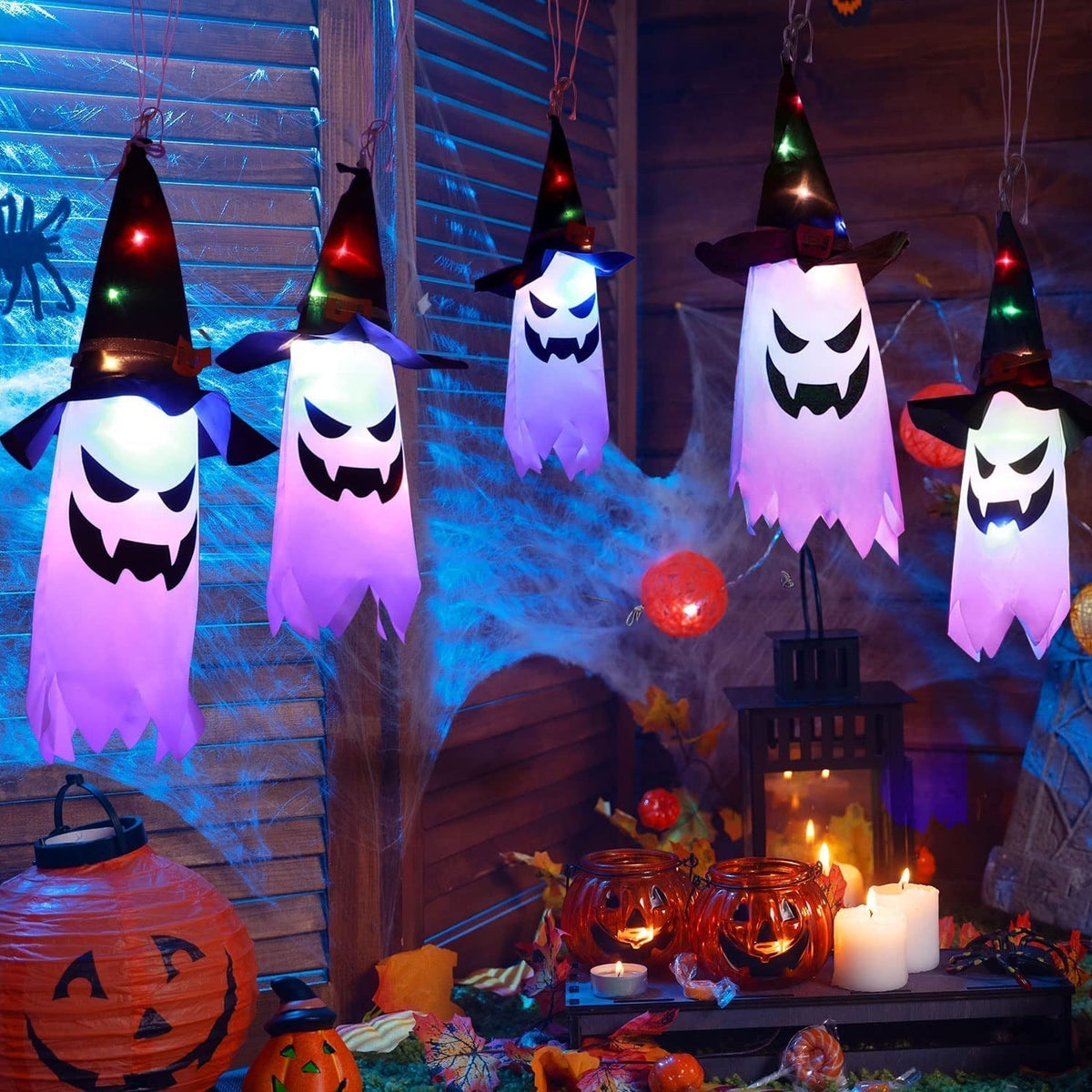 Battery-Powered Ghost String Lights with Witch Hats – 9.8 ft Multicolor LED Outdoor Halloween Decoration for Porch, Fence & Windows | Thomler