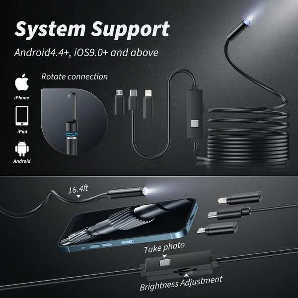 Inspection Camera 5.0 m 1080P HD Flexible Cable Drain Pipe Car Engine Endoscope With LED Light Smartphone Viewer | Thomler