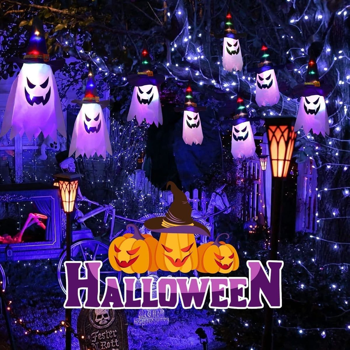 Battery-Powered Ghost String Lights with Witch Hats – 9.8 ft Multicolor LED Outdoor Halloween Decoration for Porch, Fence & Windows | Thomler