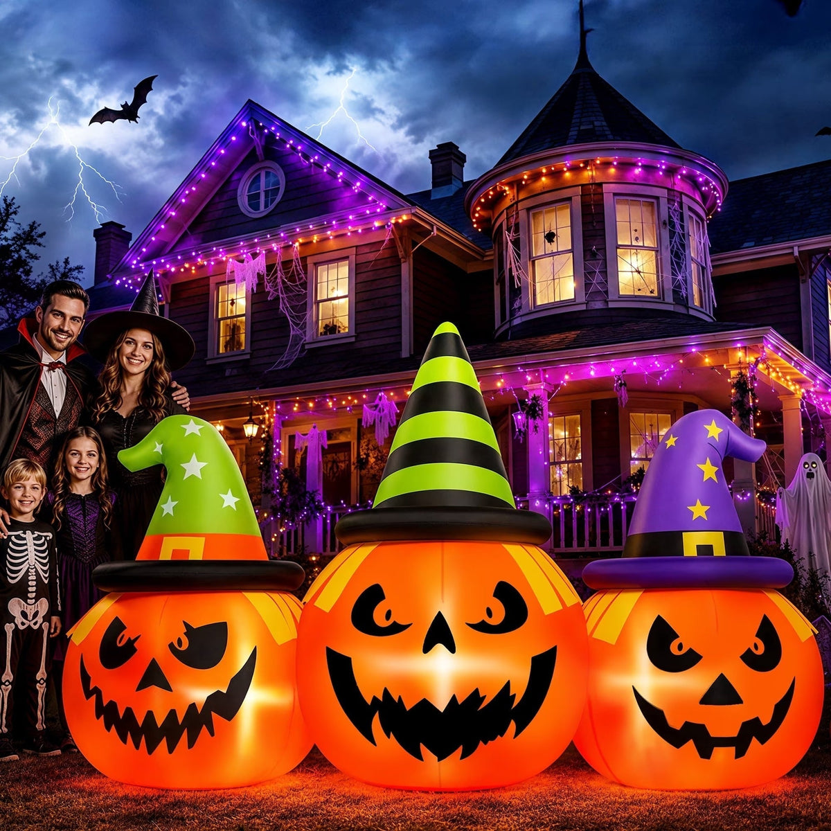 6 ft LED Triple Jack-o'-Lantern Inflatable Lawn Decoration for Halloween & Trick-or-Treat Night | Thomler