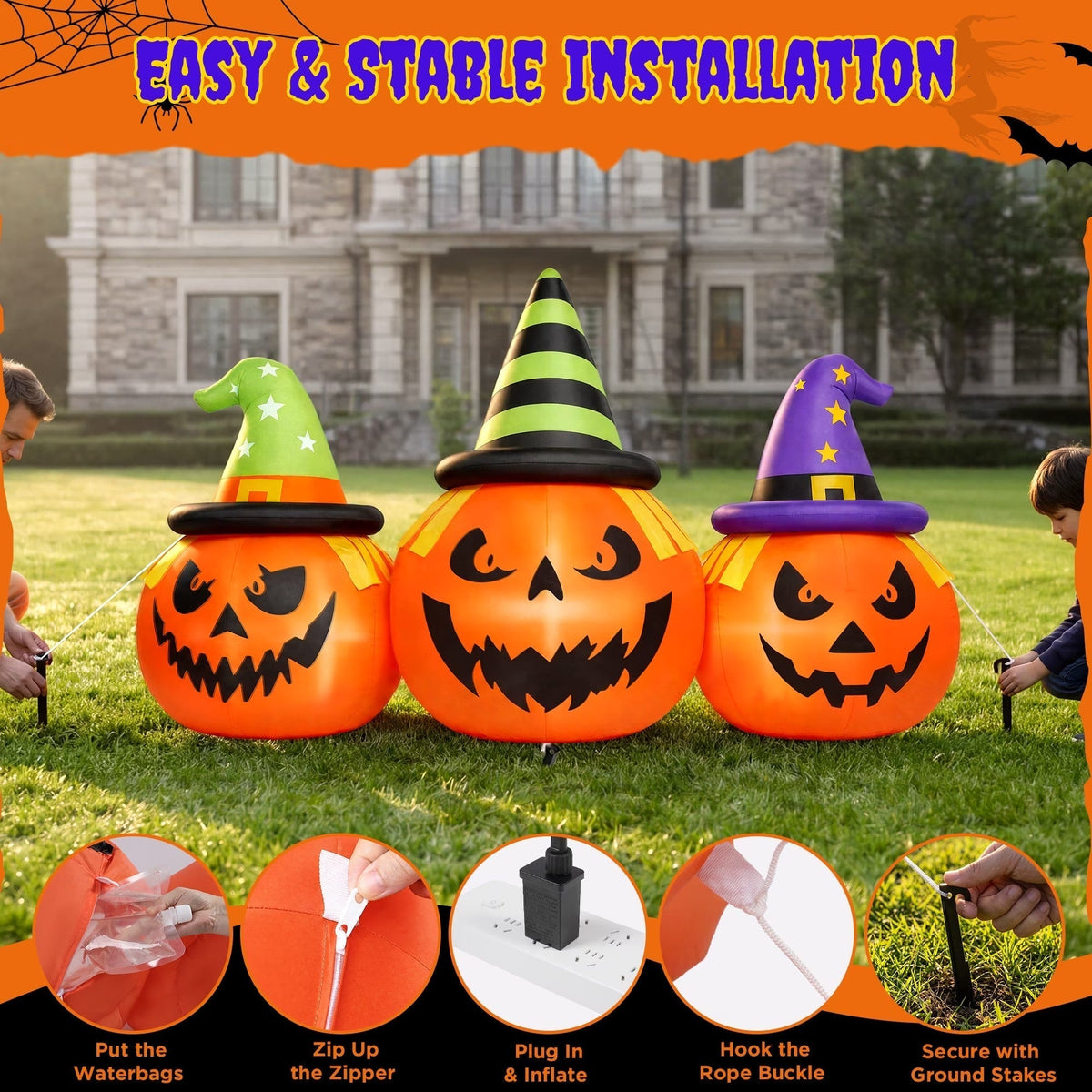 6 ft LED Triple Jack-o'-Lantern Inflatable Lawn Decoration for Halloween & Trick-or-Treat Night | Thomler