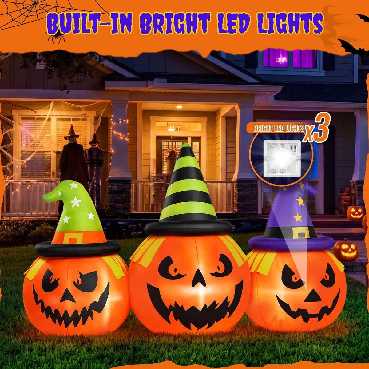 6 ft LED Triple Jack-o'-Lantern Inflatable Lawn Decoration for Halloween & Trick-or-Treat Night | Thomler