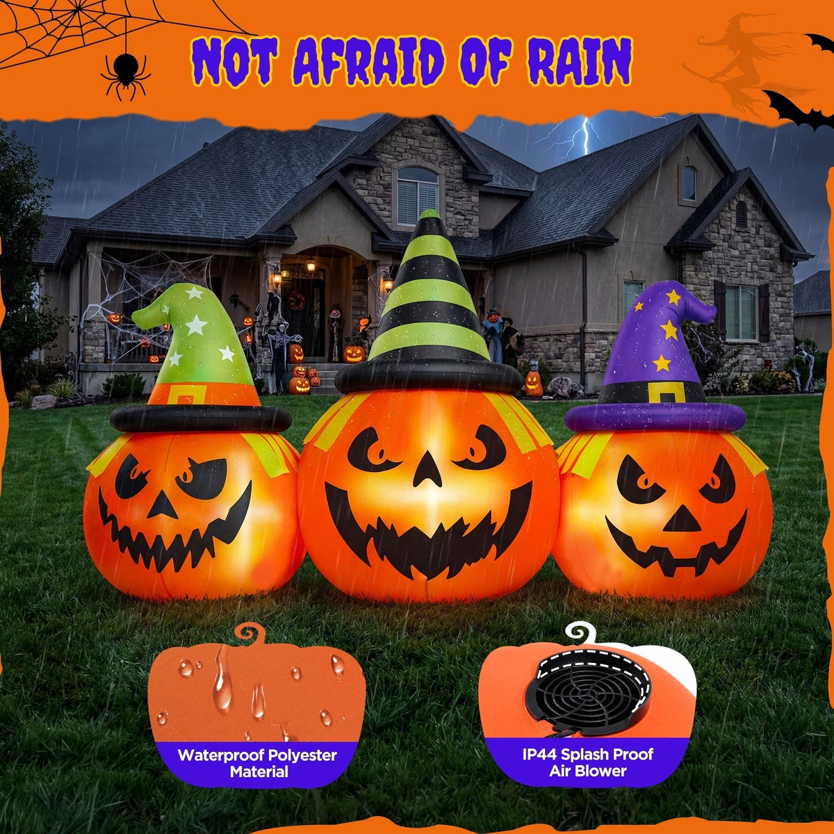 6 ft LED Triple Jack-o'-Lantern Inflatable Lawn Decoration for Halloween & Trick-or-Treat Night | Thomler