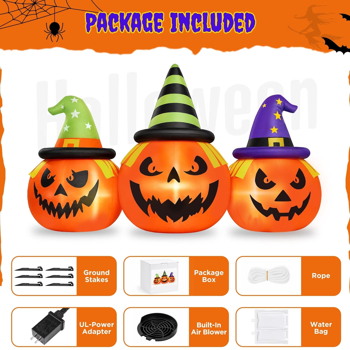 6 ft LED Triple Jack-o'-Lantern Inflatable Lawn Decoration for Halloween & Trick-or-Treat Night | Thomler
