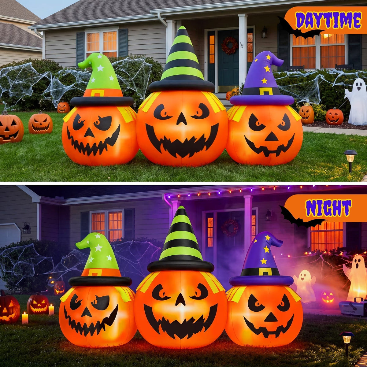 6 ft LED Triple Jack-o'-Lantern Inflatable Lawn Decoration for Halloween & Trick-or-Treat Night | Thomler