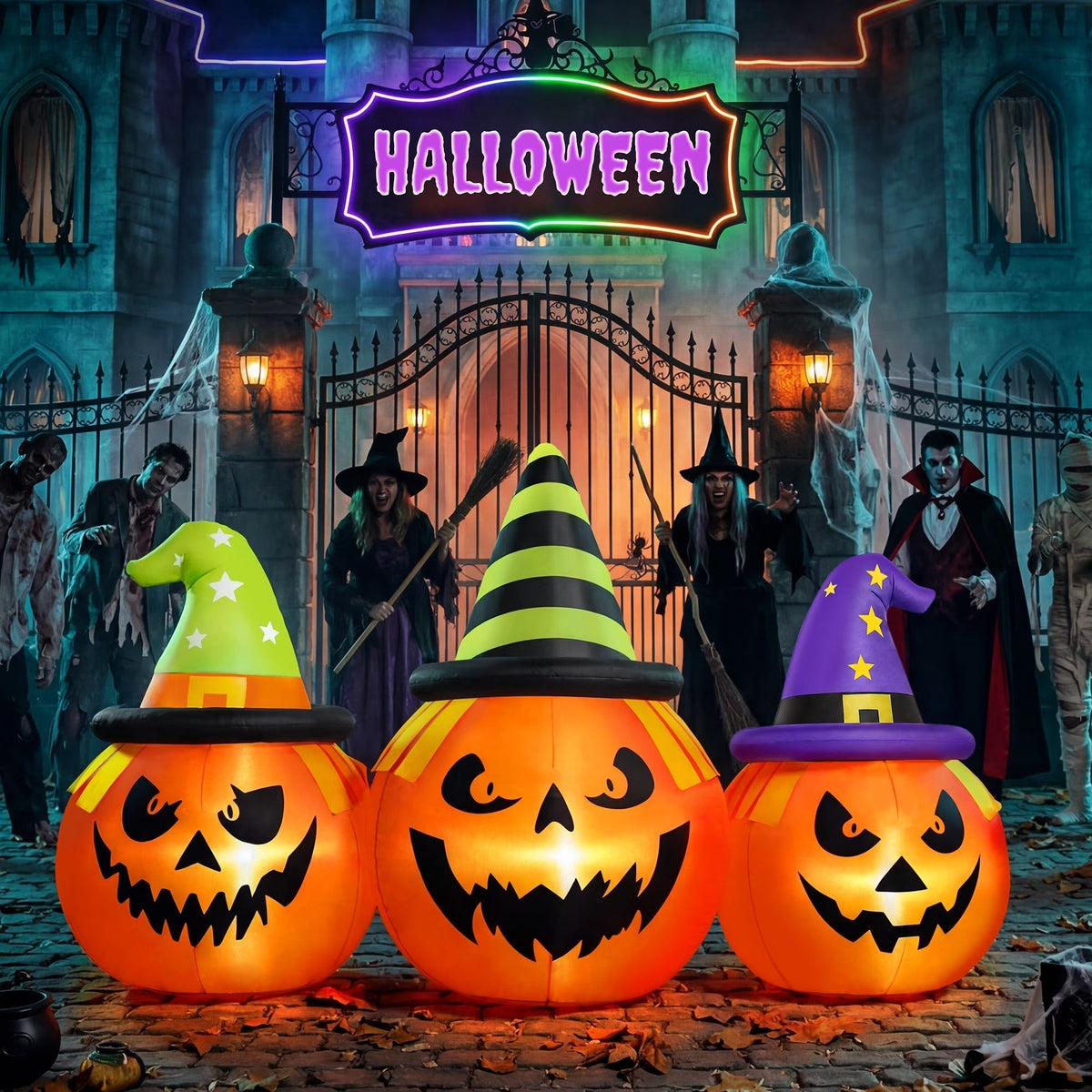 6 ft LED Triple Jack-o'-Lantern Inflatable Lawn Decoration for Halloween & Trick-or-Treat Night | Thomler