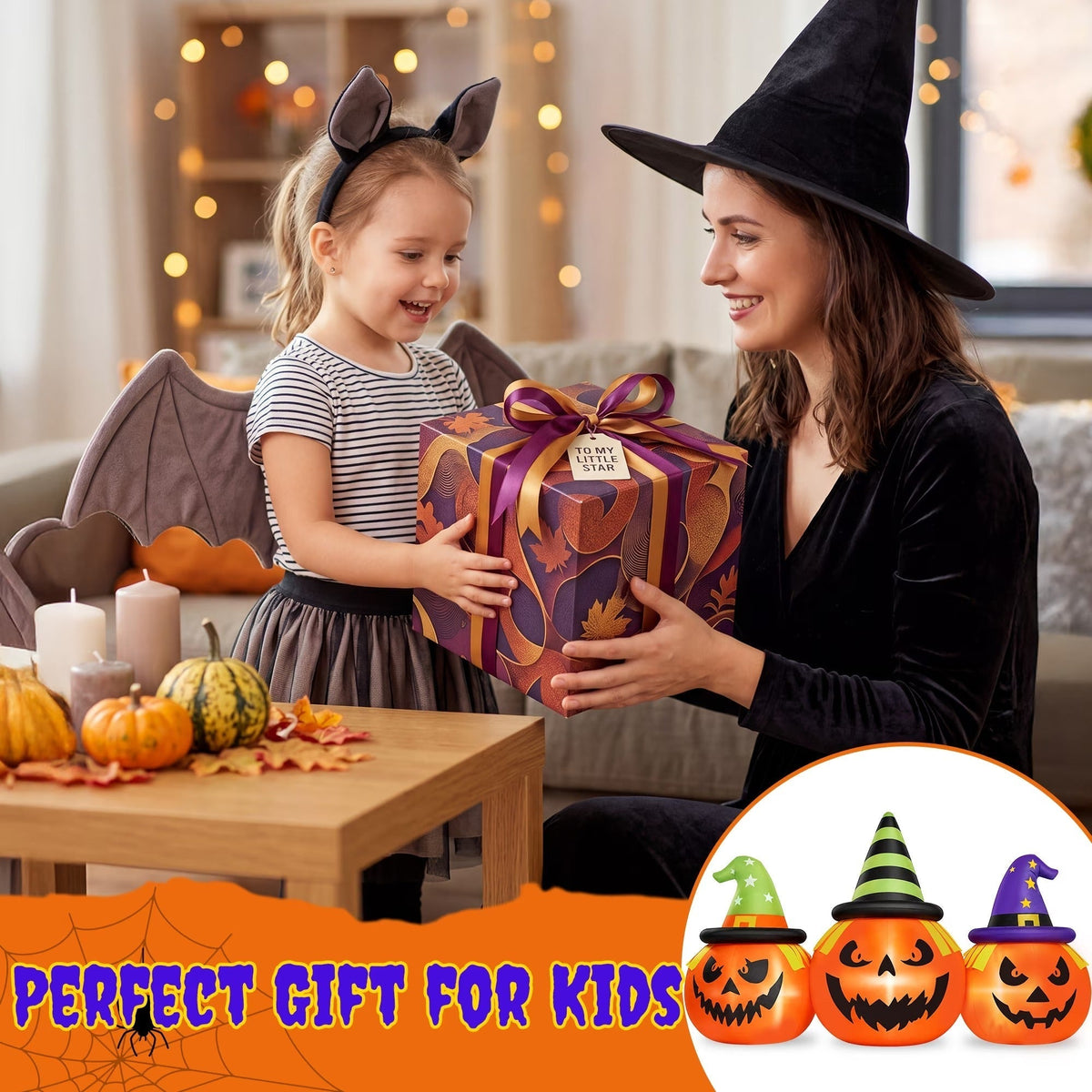 6 ft LED Triple Jack-o'-Lantern Inflatable Lawn Decoration for Halloween & Trick-or-Treat Night | Thomler
