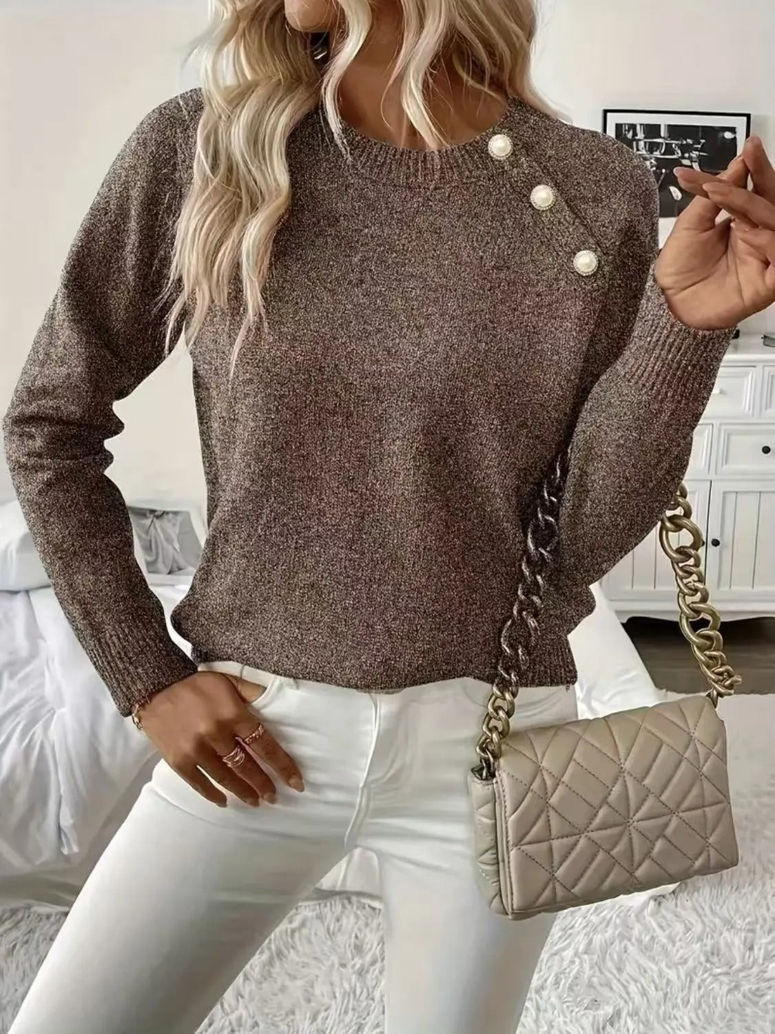 Women's Button-Detail Pullover Sweater with Pearl Accents – Heathered Knit Top in Taupe, Black & Camel | Thomler