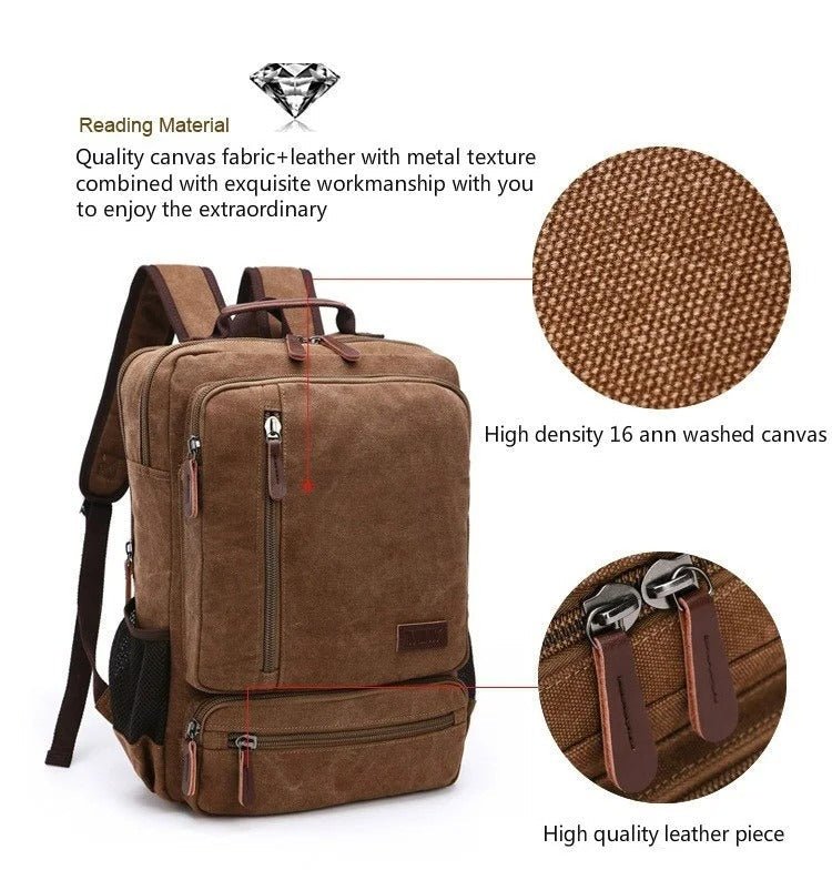 Washed Canvas Backpack with Genuine Leather Trim – Multi-Compartment Daypack for Work, School & Travel | Thomler