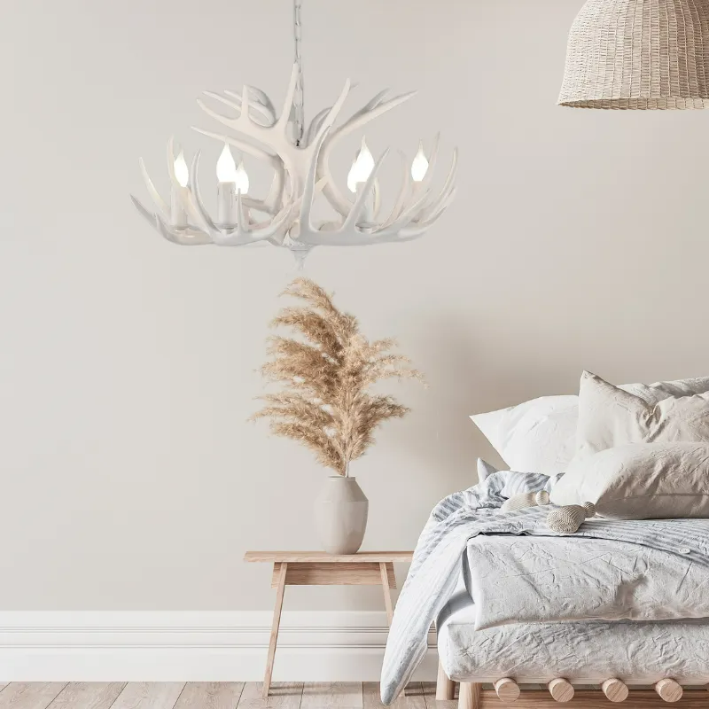 Antler-Inspired Rustic Hanging Light Fixture for Dining Room & Bedroom | Resin & Metal Design | E12 Candelabra Base | Thomler