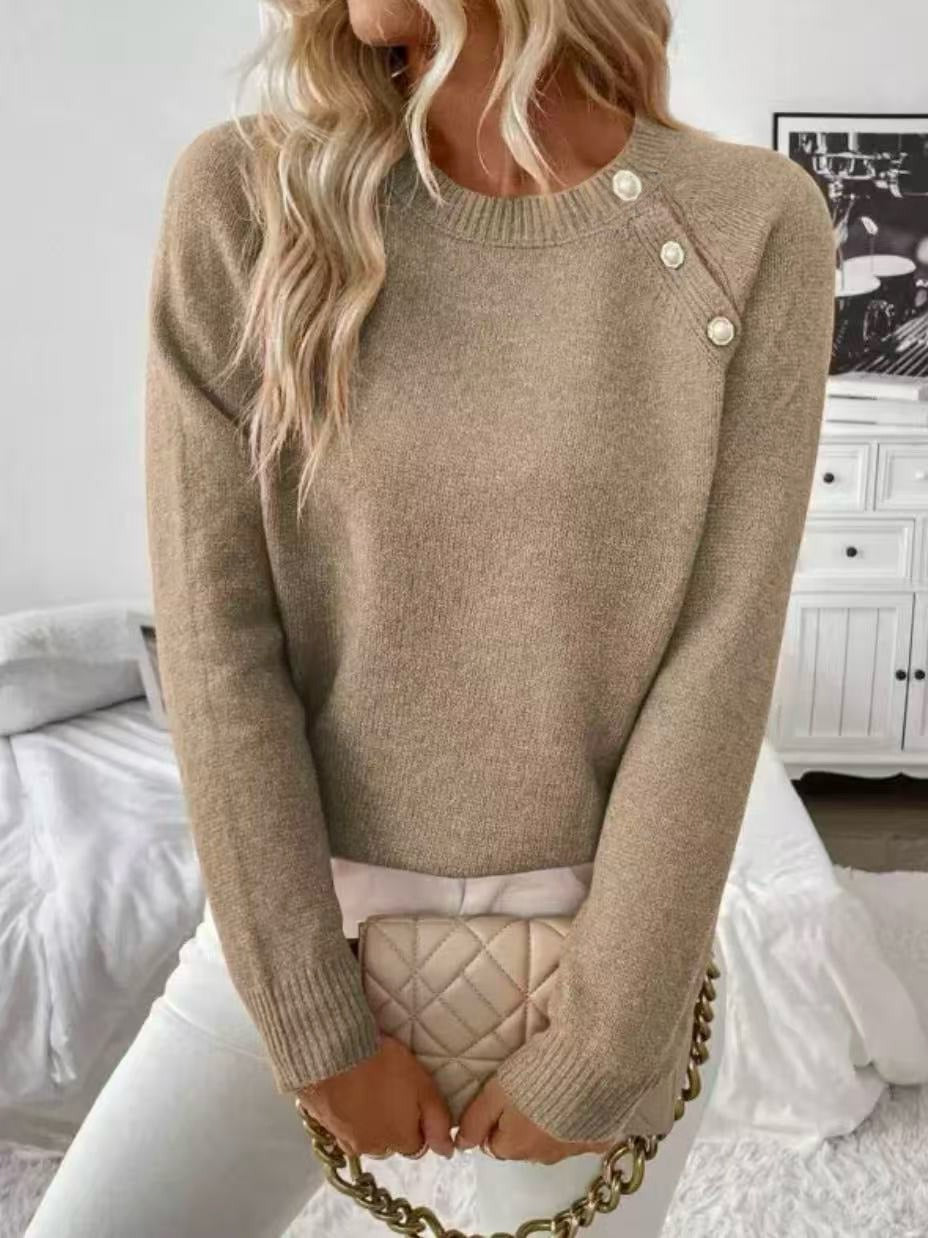 Women's Button-Detail Pullover Sweater with Pearl Accents – Heathered Knit Top in Taupe, Black & Camel | Thomler