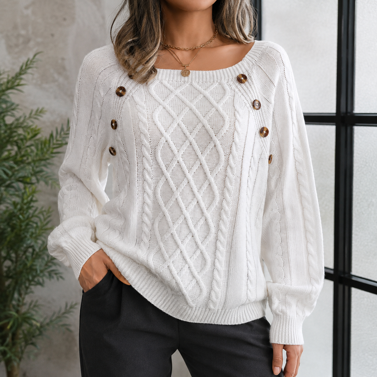 Women's Relaxed Crewneck Sweater with Shoulder Button Detail and Textured Vertical Ribbing – Cozy Knit Pullover for Fall & Winter | Thomler
