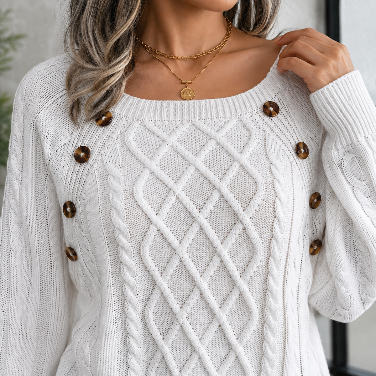 Women's Relaxed Crewneck Sweater with Shoulder Button Detail and Textured Vertical Ribbing – Cozy Knit Pullover for Fall & Winter | Thomler