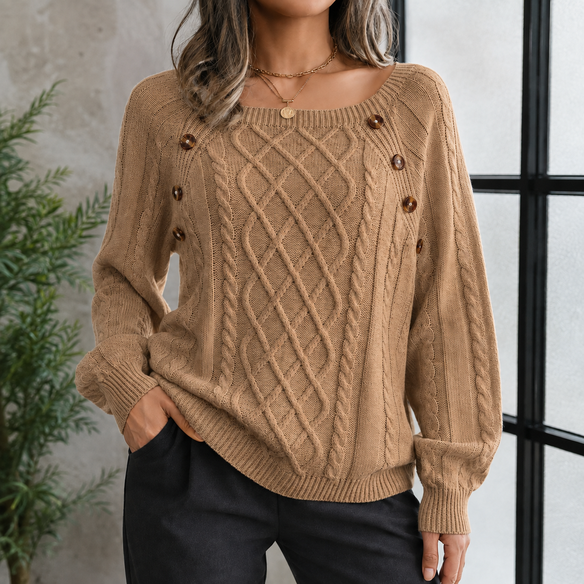 Women's Relaxed Crewneck Sweater with Shoulder Button Detail and Textured Vertical Ribbing – Cozy Knit Pullover for Fall & Winter | Thomler