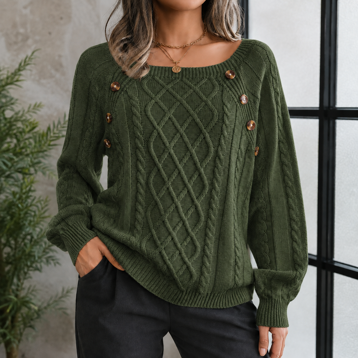Women's Relaxed Crewneck Sweater with Shoulder Button Detail and Textured Vertical Ribbing – Cozy Knit Pullover for Fall & Winter | Thomler