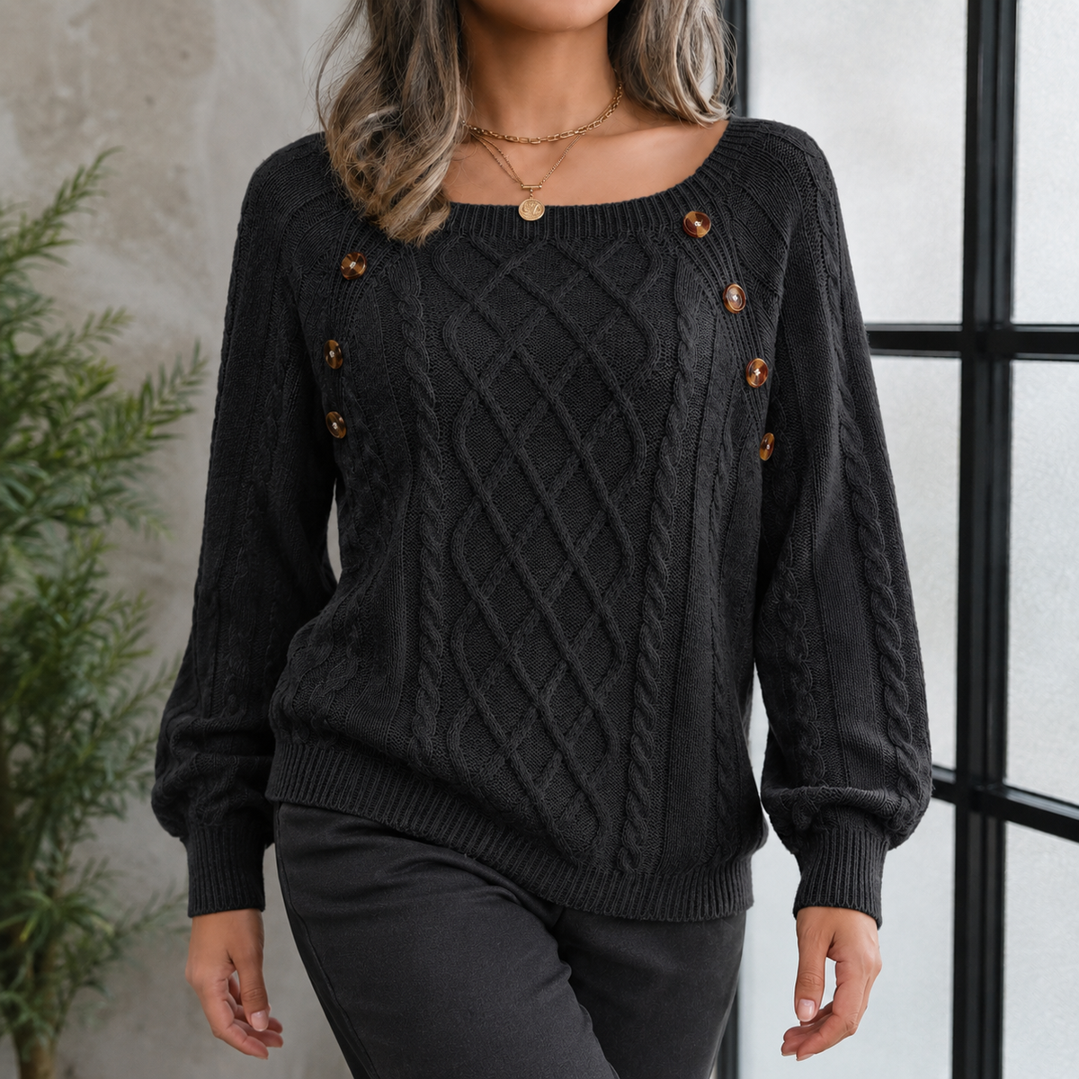 Women's Relaxed Crewneck Sweater with Shoulder Button Detail and Textured Vertical Ribbing – Cozy Knit Pullover for Fall & Winter | Thomler