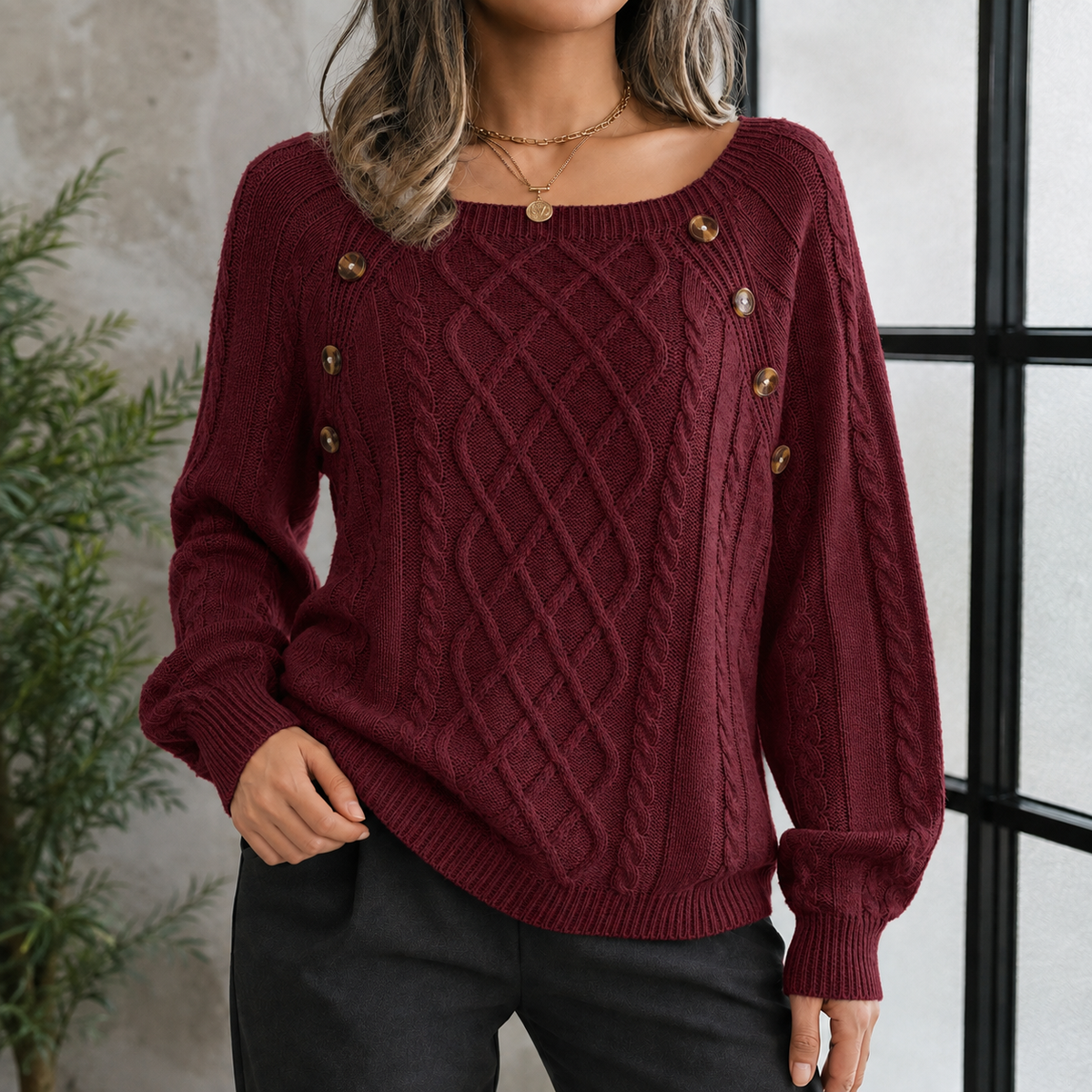 Women's Relaxed Crewneck Sweater with Shoulder Button Detail and Textured Vertical Ribbing – Cozy Knit Pullover for Fall & Winter | Thomler