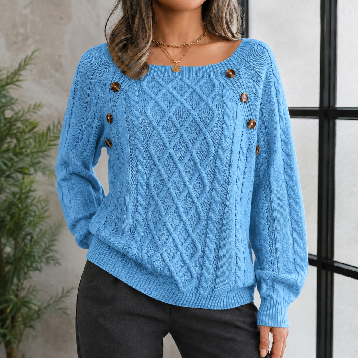 Women's Relaxed Crewneck Sweater with Shoulder Button Detail and Textured Vertical Ribbing – Cozy Knit Pullover for Fall & Winter | Thomler